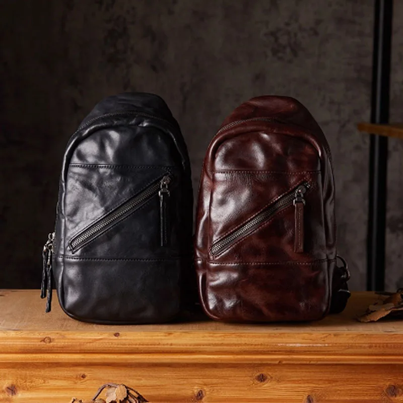 AETOO Handcrafted vegetable-tanned cowhide chest bag, men's outdoor casual single-shoulder crossbody bag, personalized and versa