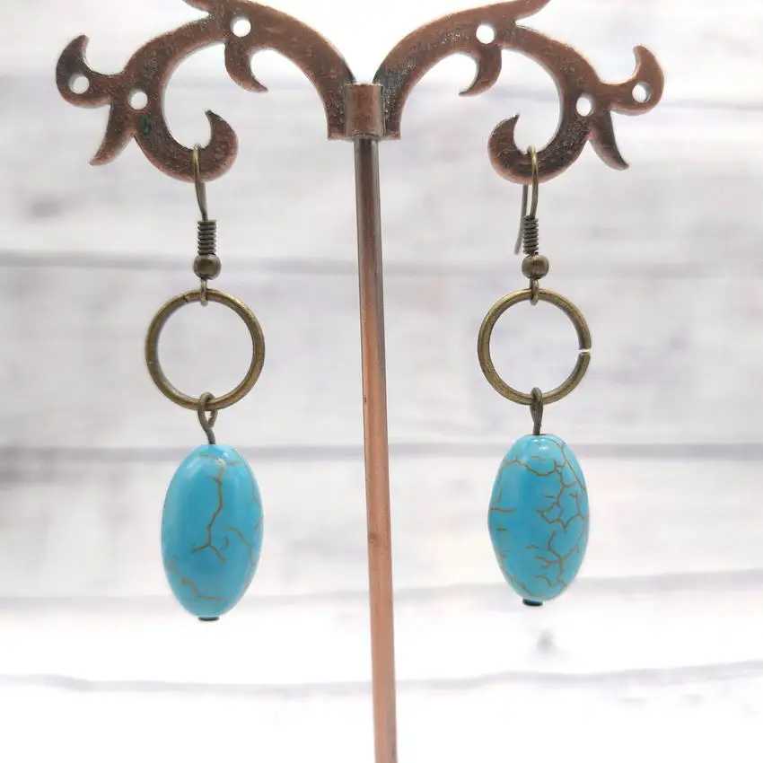 Oval Turqoise Beaded Drop Dangle Earrings Antique Bronze Color Circle Handcrafted Statement Earrings Boho Jewelry Wholesale