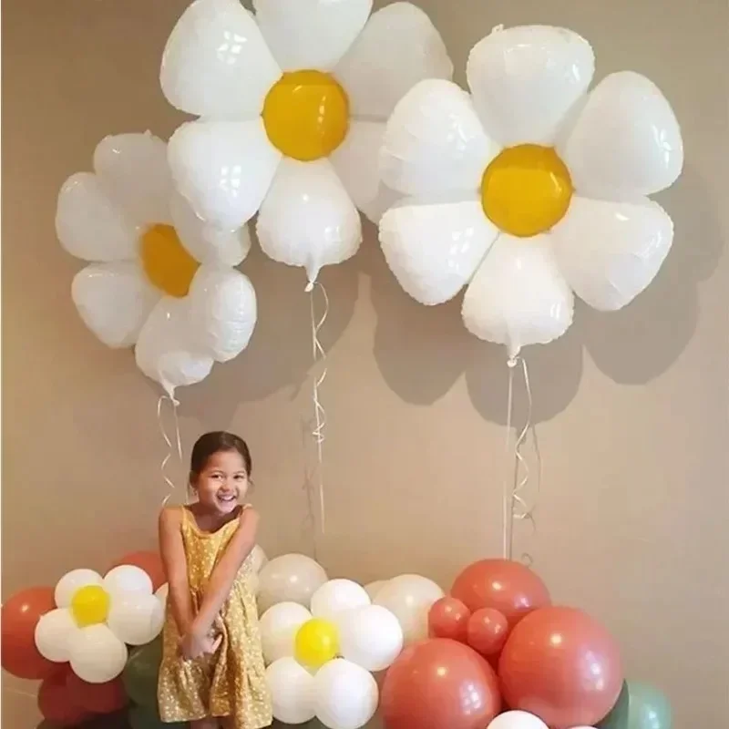 Large White Sunflower Daisy Flower Balloon Kids Birthday Party Foil Balloons with Air Pump for Baby Shower Decoration Photo Prop