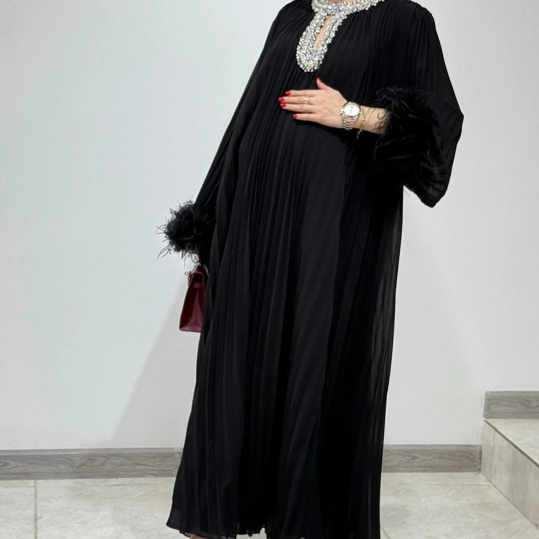 Eid Muslimisches Partykleid für Frauen, Ramadan, Diamanten, Federn, Abaya, lange Kleider, Kaftan, Vestidos, Dubai, Robe, Jalabiya, 2025, Abays