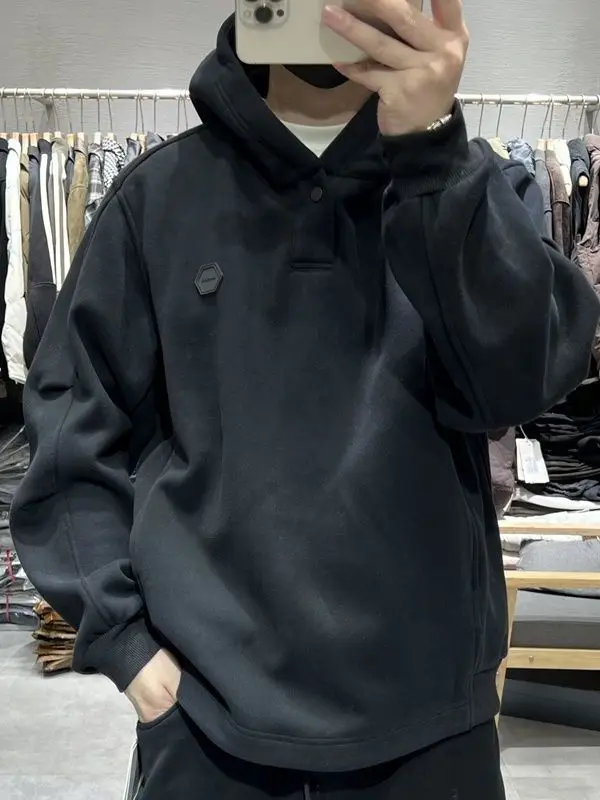 

Men's Hooded Fce Lined Sweatirt Loose Fit Casual Warm Bla Overhead Jaet New Winter Sle Faionable Versatile Stree...