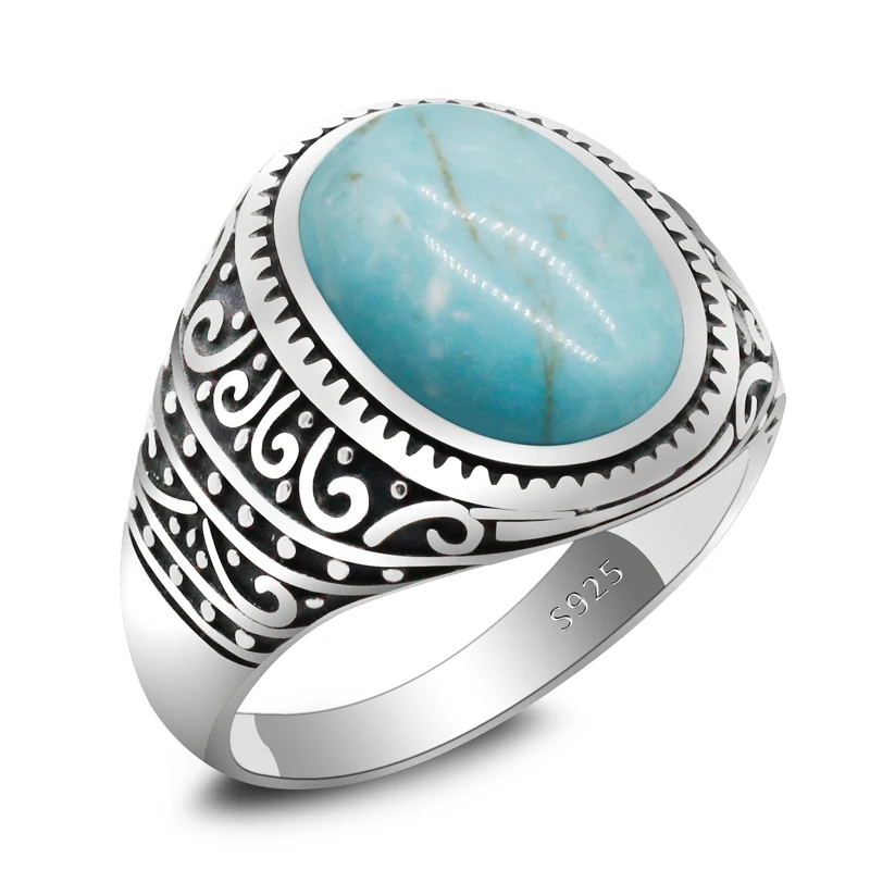 

925 Sterling Silver Men's Ring with Natural Turquoise Silver Ring Jewelry Valentine's Day Gifts Men's Women's Engagement Rings