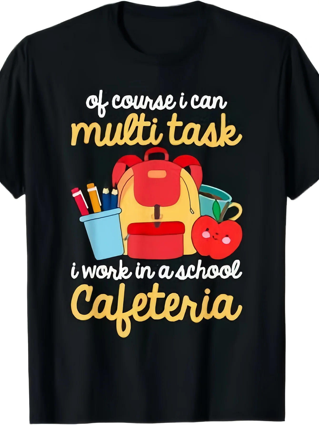 The lunch lady and the restaurant workers thanked the T-shirt for its interesting school cafeteria pattern