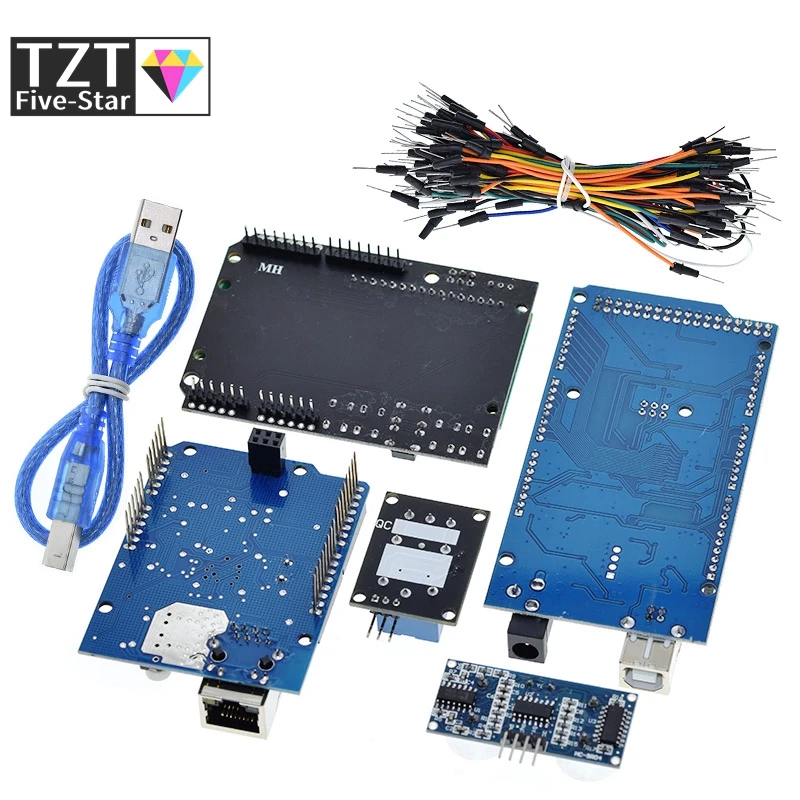 Mega 2560 r3 for arduino kit + HC-SR04 +breadboard cable + relay module+ W5100 UNO shield + LCD 1602 Keypad shield