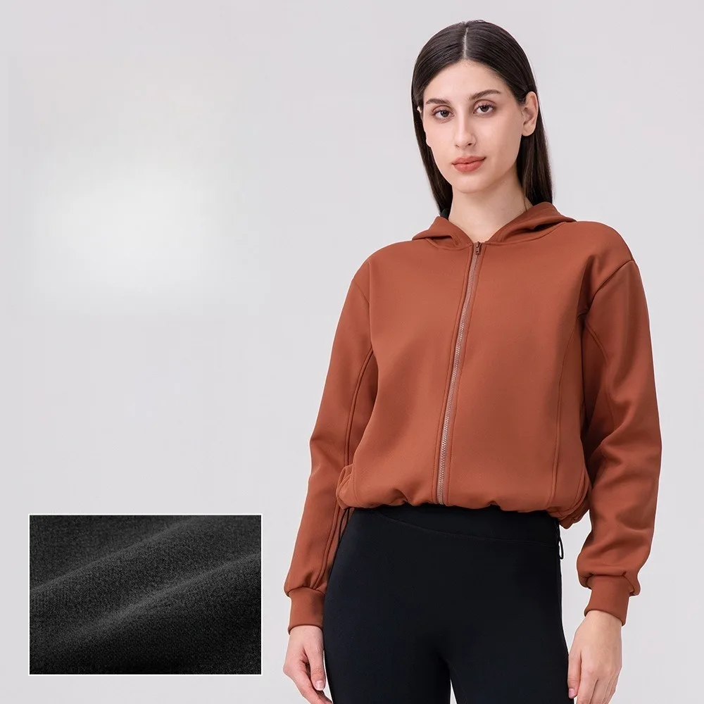 

Women Fall Winter Fleece Hooded Jacket Zip Up Loose Casual Warm Sports Coat Fitness Workout Outerwear