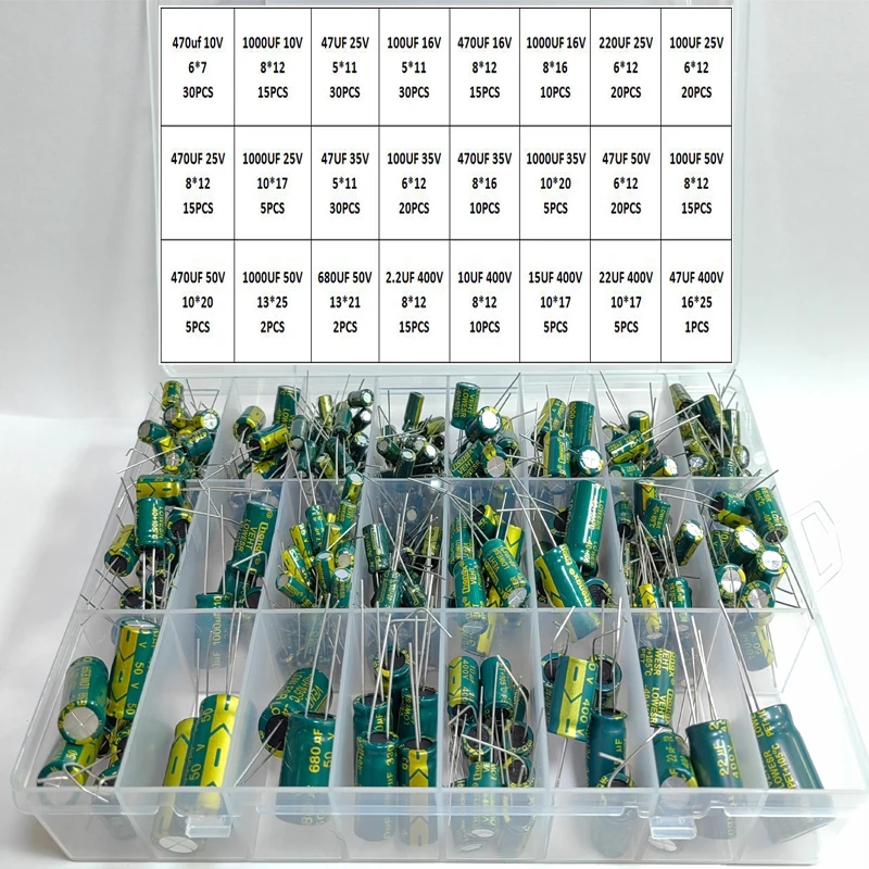 335Pcs Aluminum Electrolytic Capacitor Kit 24Values 10V-400V Capacitors Assortment Kit 2.2UF 22UF 10UF 47UF 100UF 470UF 1000UF