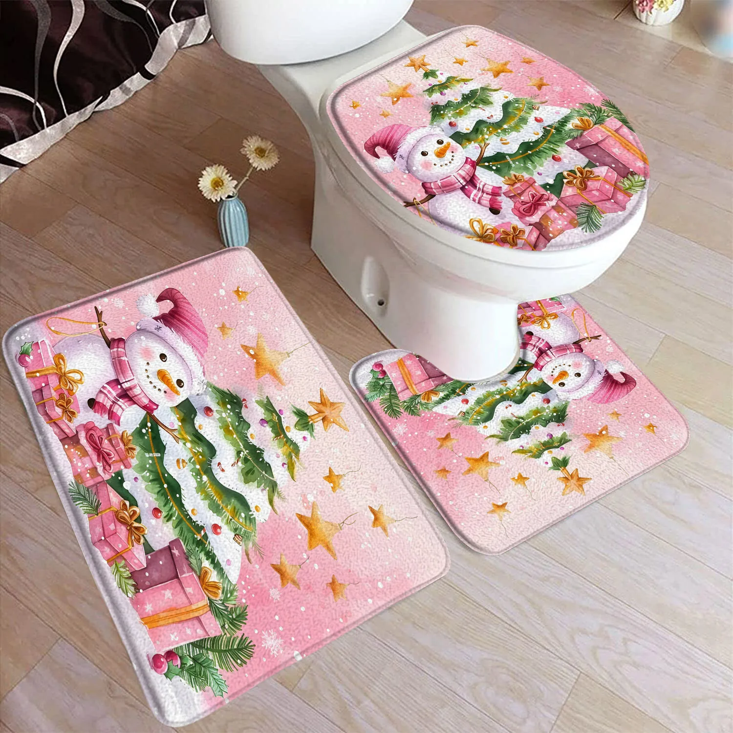 

Рождественский розовый снеговик, набор ковриков для ванной, рождественская елка, подарок, золотые звезды, снежинки, зима, Новый год, домашний декор для ванной комнаты, коврики для унитаза