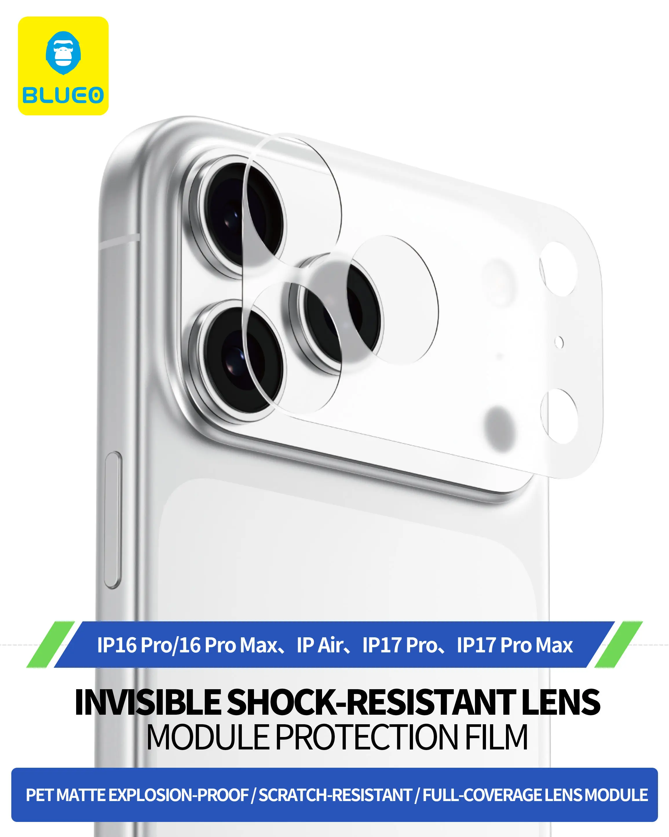 Película de proteção do módulo de lente invisível resistente a choques BLUEO 2025 para IPhone 17 pro max