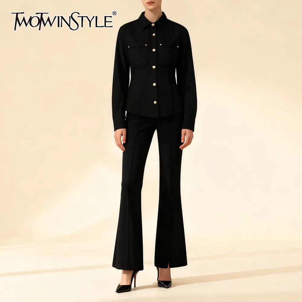 

TWOTWINSTYLE Casual Two Piece Set for Women Lapel Long Sleeve Spliced Button Slim Shirt Low Waist Flare Pant Office Suit Female