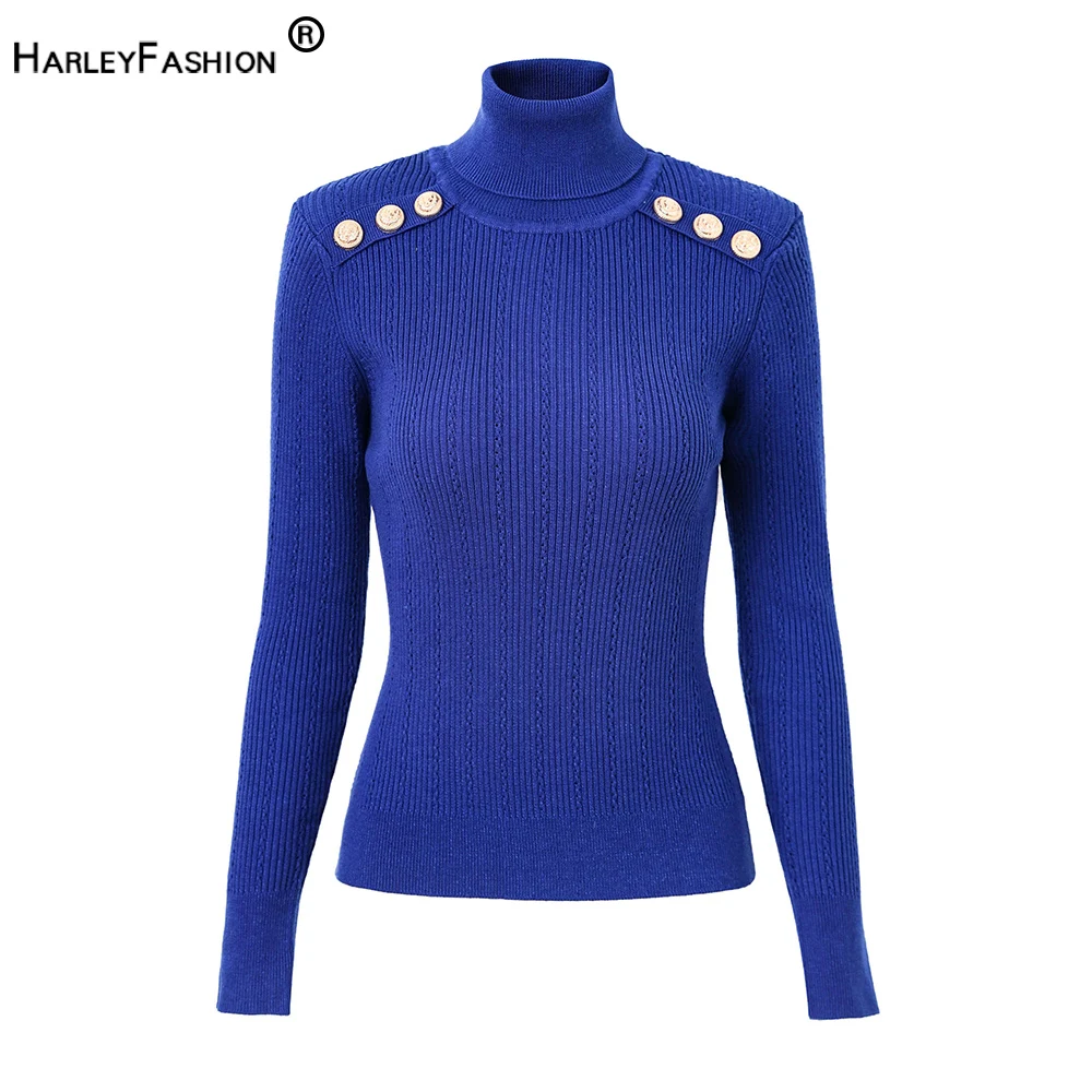 Winter Warm Pullovers Women Woolen Turtle Neck Casual Quality Royal Blue Knitting Sweater with Shoulder Pads