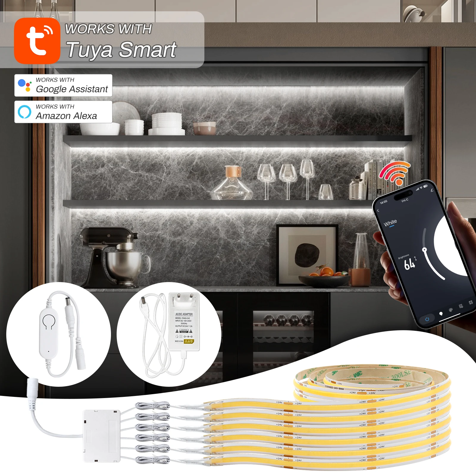 

WiFi Tuya светодиодный светильник для шкафа, комплект ленты для полки, светодиодный светильник для книжного шкафа, коллекция, декор дисплея, 480 светодиодов/м, светодиодная лента COB