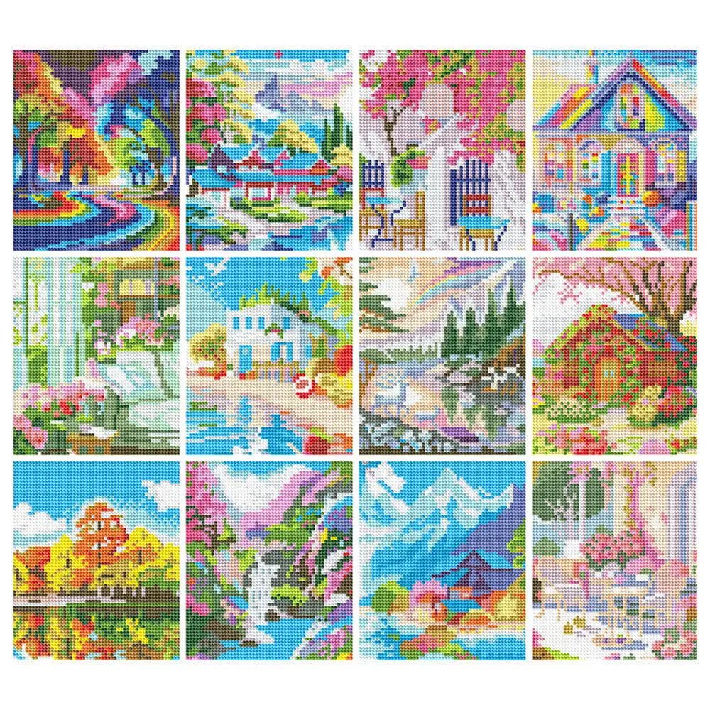 12 Stück Mini DIY Diamant Malerei Haus Landschaft Berg handgemachte Diamant Mosaik Baum Wohnzimmer Wanddekoration