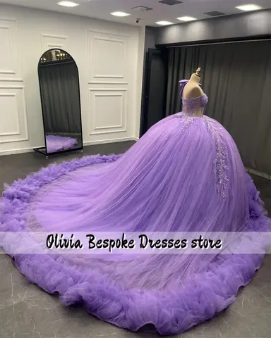 Drömlik Lila Enaxlad Quinceanera-klänning Pärlapplikation Rynkad Släp Mexikansk Bröllopsbalklänning 15 år gammal Anpassad 10 best sales lila balklänning - №10
