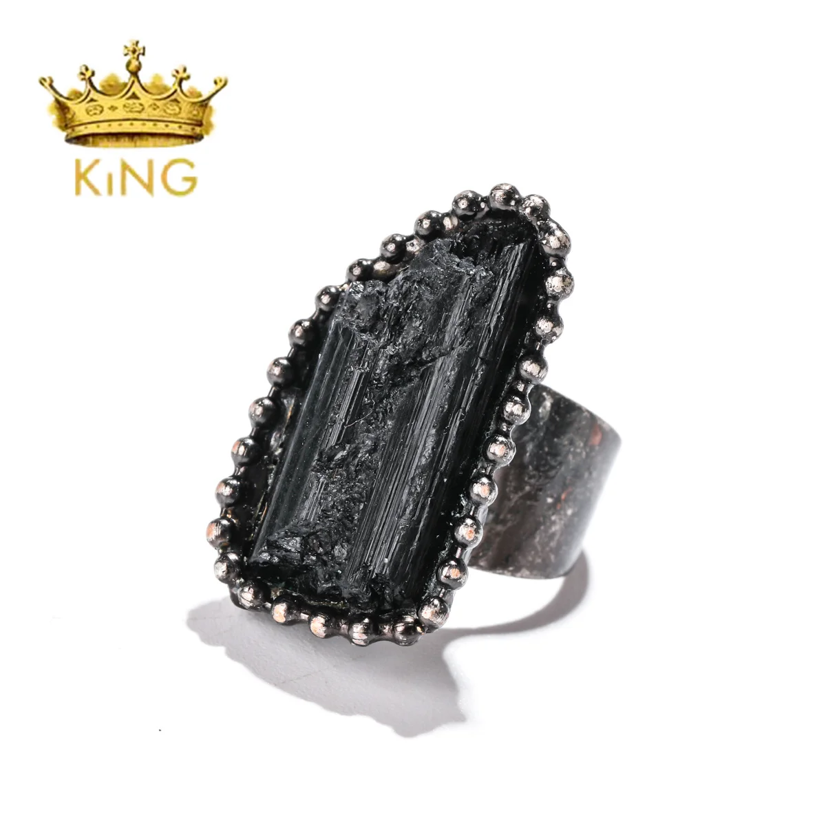 Women Beautiful Energy Black Tourmaline Stone Ring Gunmetal Natural Stone Wide Birthday Gift Ring