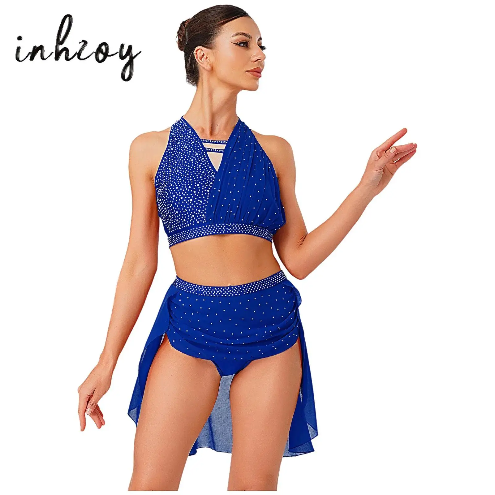 

Womens Lyrical Dance Outfit Sleeveless Halter Ruched Crop Top+Mesh Hem Built-in Briefs Skirt Sparkly Rhinestone Dance Costume