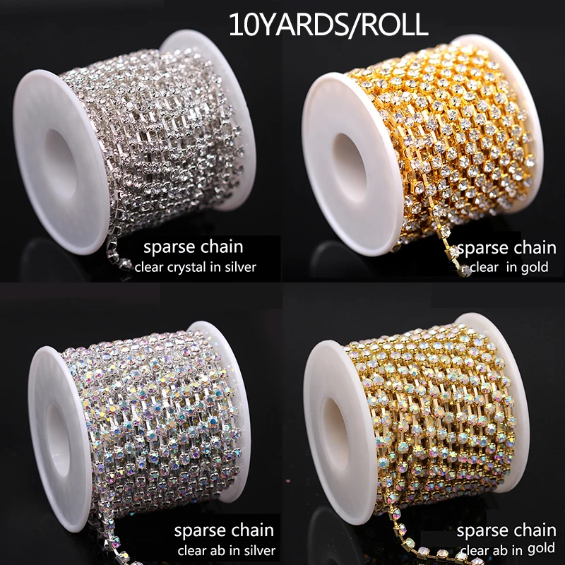 ss6-ss38 przezroczysty łańcuszek z kryształkami jednorzędowy 10 jardów/1 rolka srebrny metal sparse Rhinestone przycinanie DIY akcesoria do szyciard