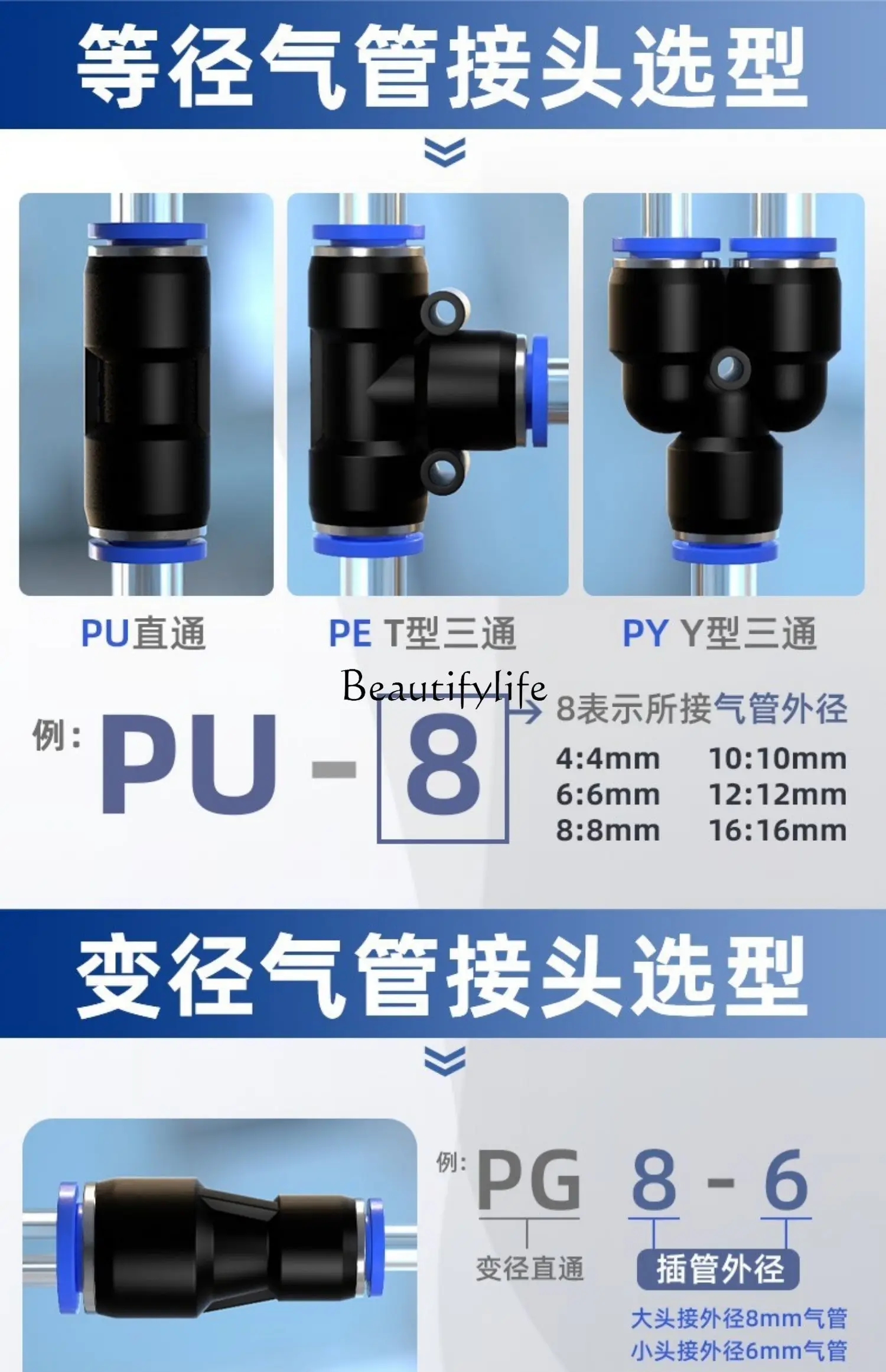 Airway Quick Coupling Pneumatic Quick Plug PG Reducing Pu Straight-through PE Tee Joint