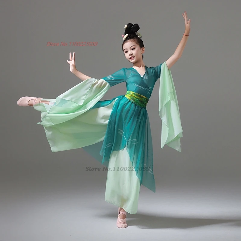 2025年ヴィンテージダンス衣装 伝統的な子供用メッシュ漢服トップス+パンツセット 女の子妖精ドレス トレーニングステージパフォーマンスドレス