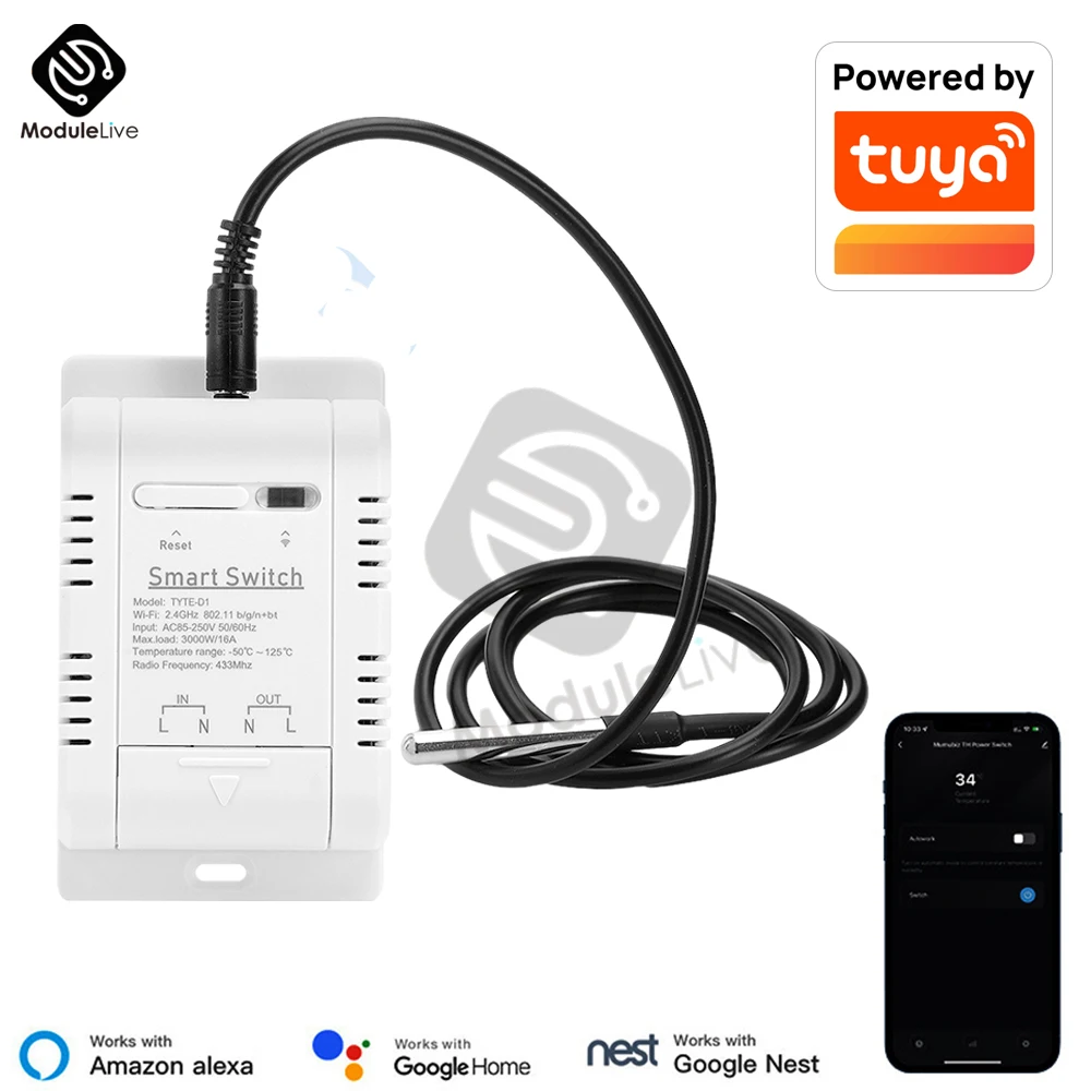 Tuya Wifi 16A 3000w Smart Temperature Humidity Switch Power Monitor with Thermostat Probe Sensor for Fish Tank Greenhouse