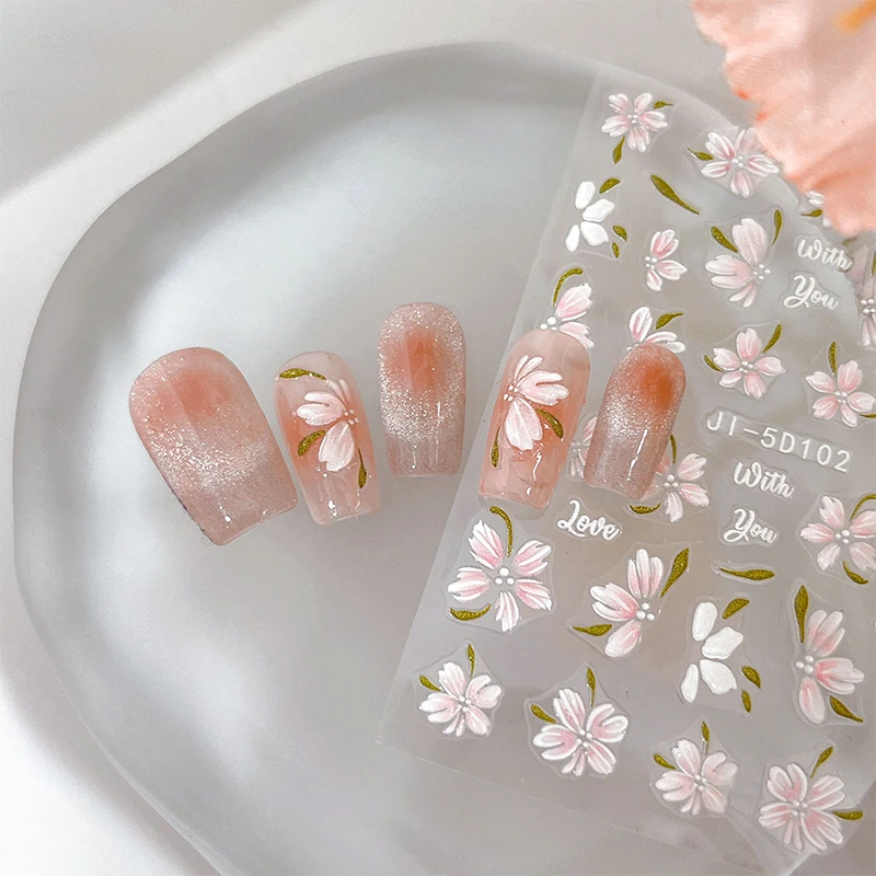 Naklejki 3D naszywka dekoracyjna Nail Art płatek kamelia różowe kwiaty naklejki kwiatowy liść suwaki na paznokcie akcesoria do Manicure