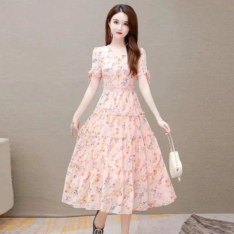 New Summer Short Sleeve Midi Dress Women Fashion Print V-Neck Bodycon Beach Dress Ladies Elegant Floral Chiffon Party Vestidos