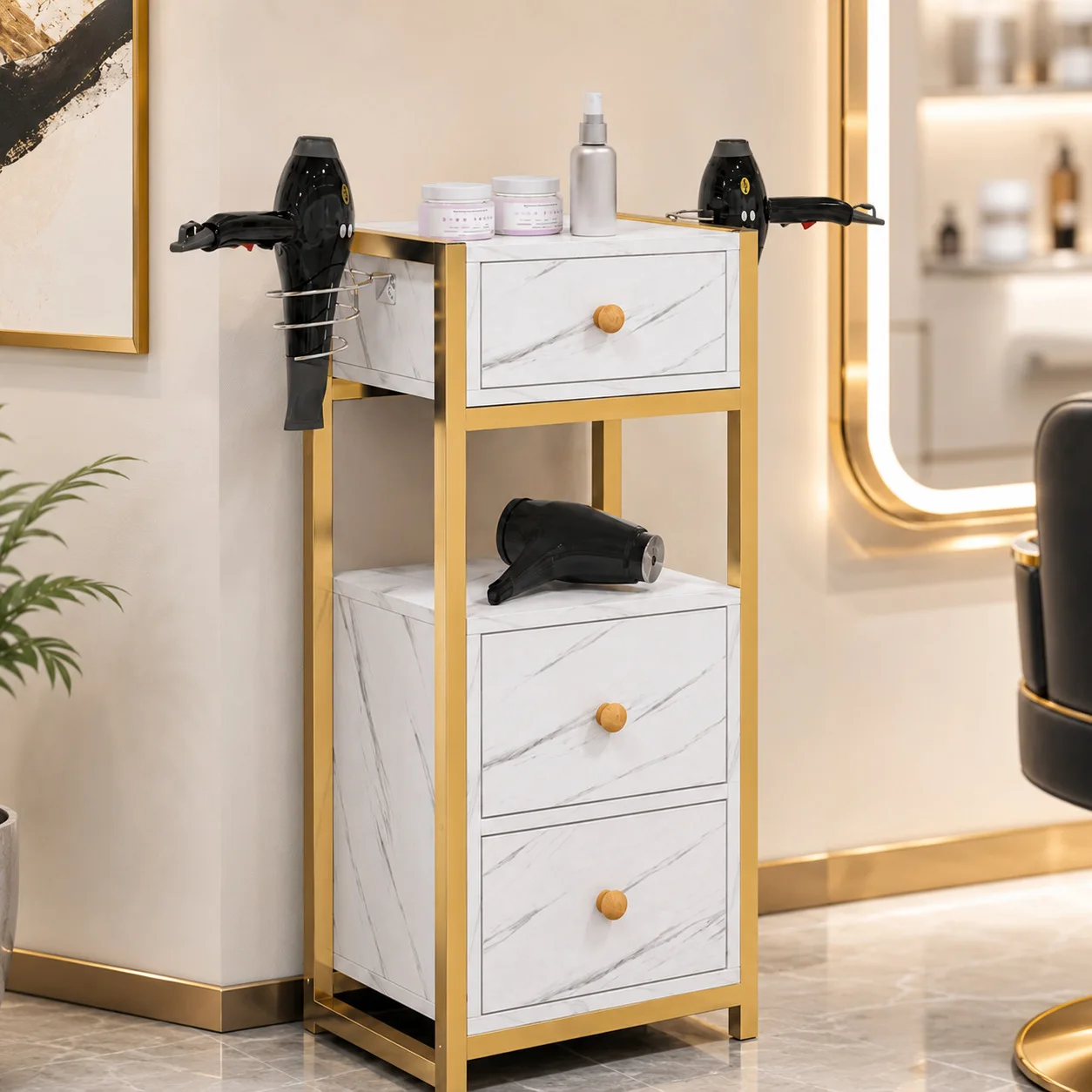 Hair Salon Tool Cabinet Marble Pattern Wall Mounted Storage Organizer Dryer Rack Hair Salon Furniture Salon Trolley Cart Rolling