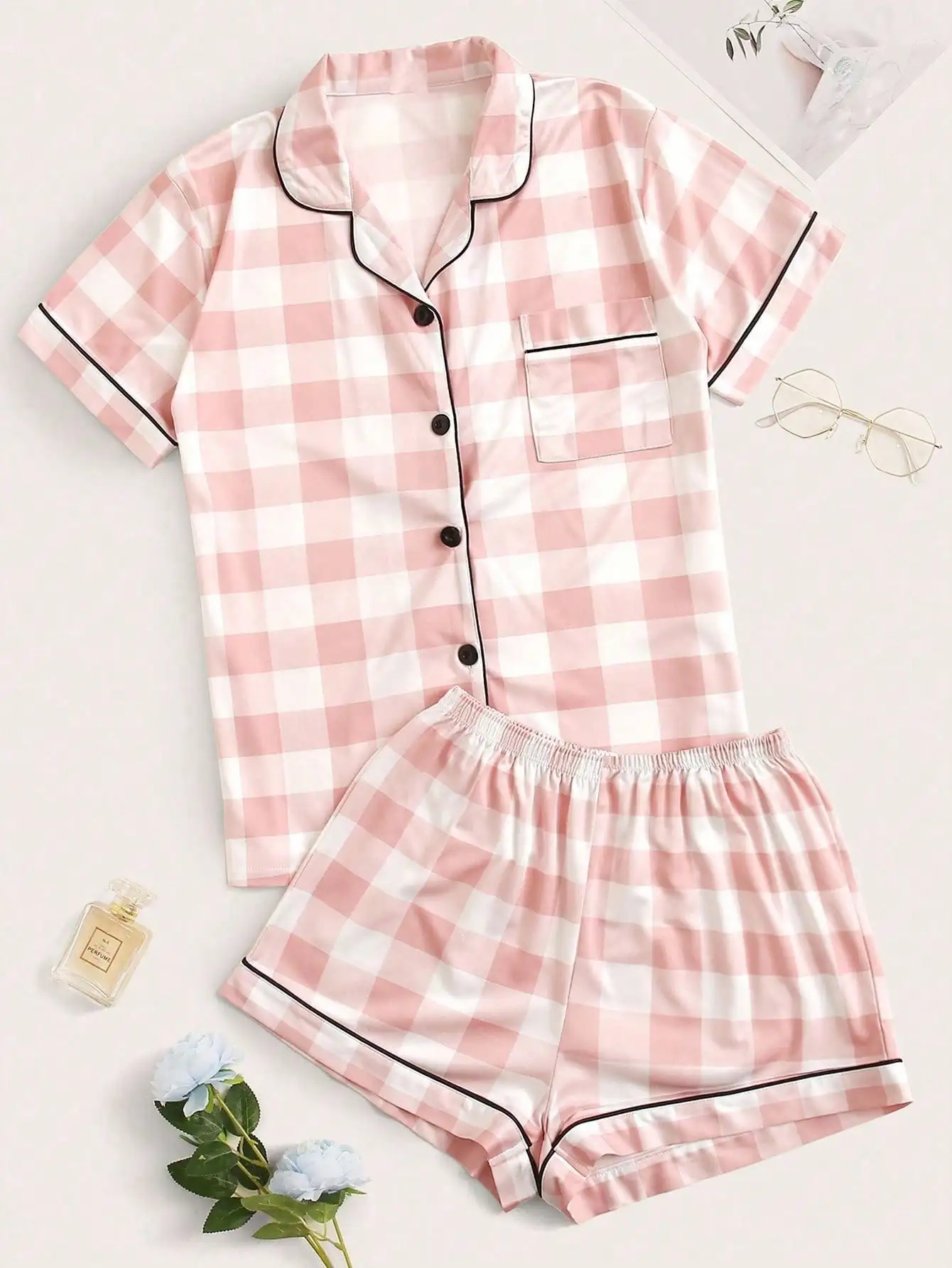 

Pink & White Gingham Pajama Set with Black Piping Trim