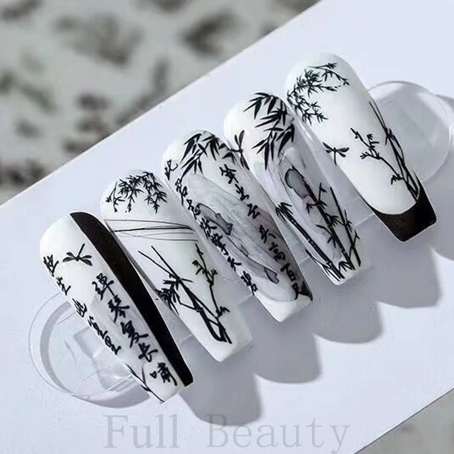 ตัวอักษรจีนสติกเกอร์เล็บบทคัดย่อ Art Words 3D ออกแบบ Sliders ภาพวาดหมึกดอกไม้ไม้ไผ่ Decals ฟอยล์อุปกรณ์แต่งเล็บ