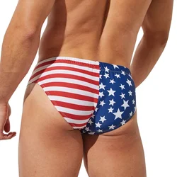 Sexy Man's Low Waist Swimming Tight Push-up Pad Swim Trunks Sport Briefs Swimwear Beach Short USA Flag Printing Summer US Size