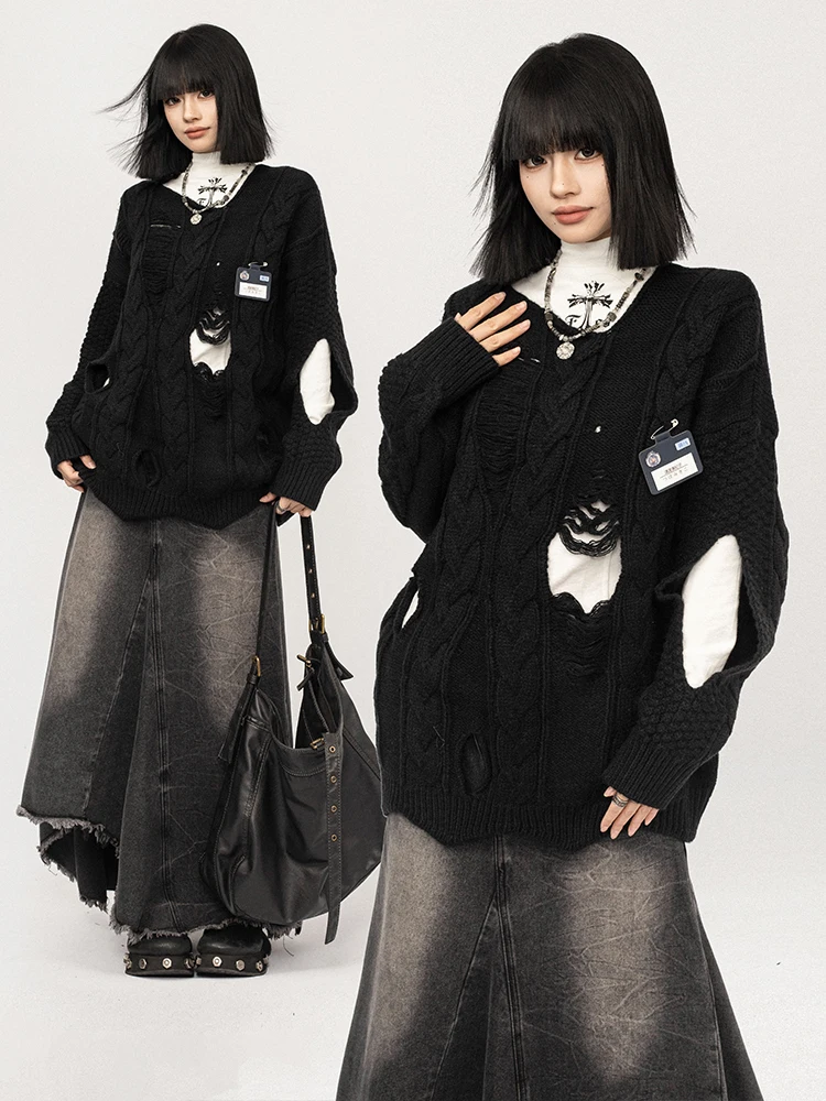 

OCTTFLAB American Retro Spicy Girl Hole Knitted Sweater Women's Loose Slimming Bla Sweater Design Top for Autumn Winter