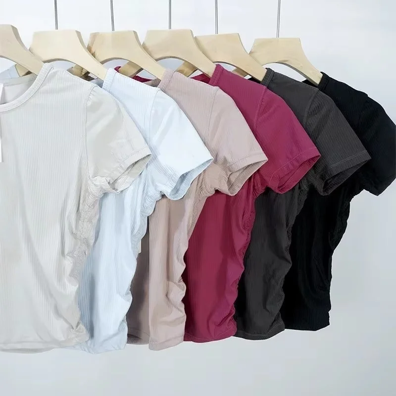 เสื้อครอปเอวสูงเซ็กซี่ของผู้หญิงเสื้อผ้าโยคะระบายอากาศได้เสื้อยืดใส่ออกกำลังกาย kemeja lengan pendek รัดรูป