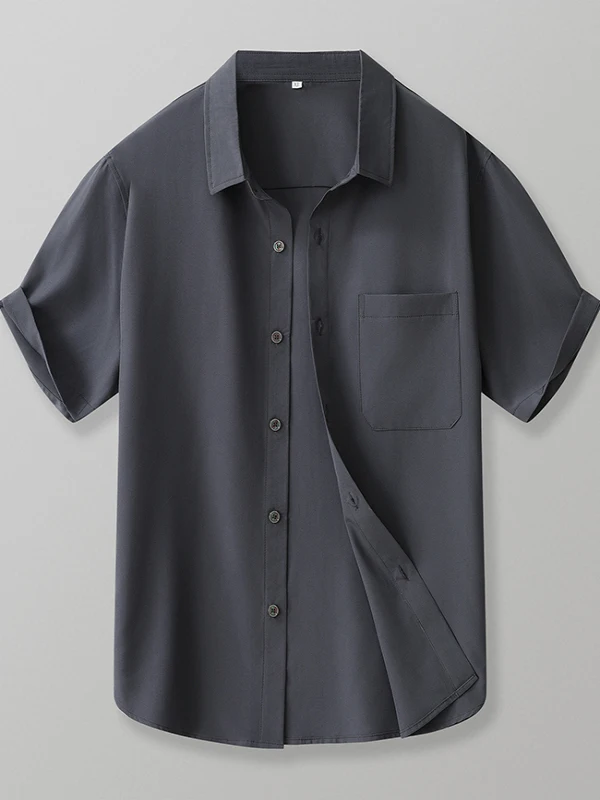 

Мужская летняя повседневная рубашка с коротким рукавом, свободного кроя, дышащая, однотонная, с простым воротником, из полиэфирного волокна, высокого качества