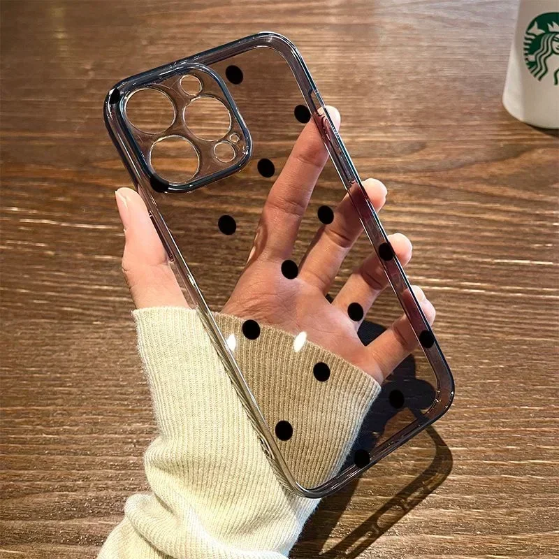 Simple Fashion Polka Dots Transparent Phone Case for iPhone 16 14 15 11 12 13 Pro Max 13Mini 7 8 15 Plus SE Black Clear Covers