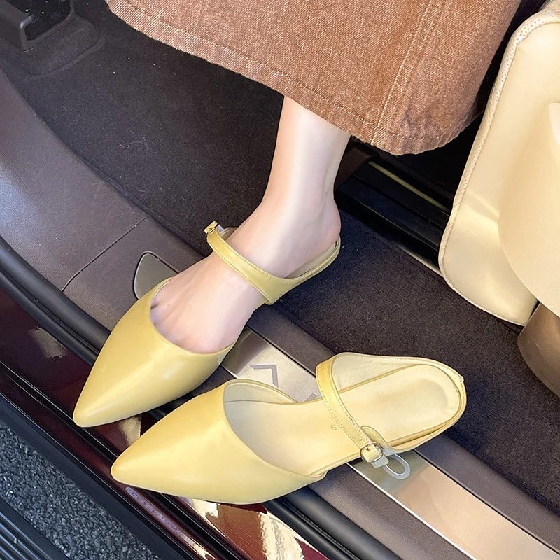 Pointed Toe Back Empty Slippers Women Baotou Shallow Mouth One Strap Soft Slip Non-Slip Low Heel Half Drag