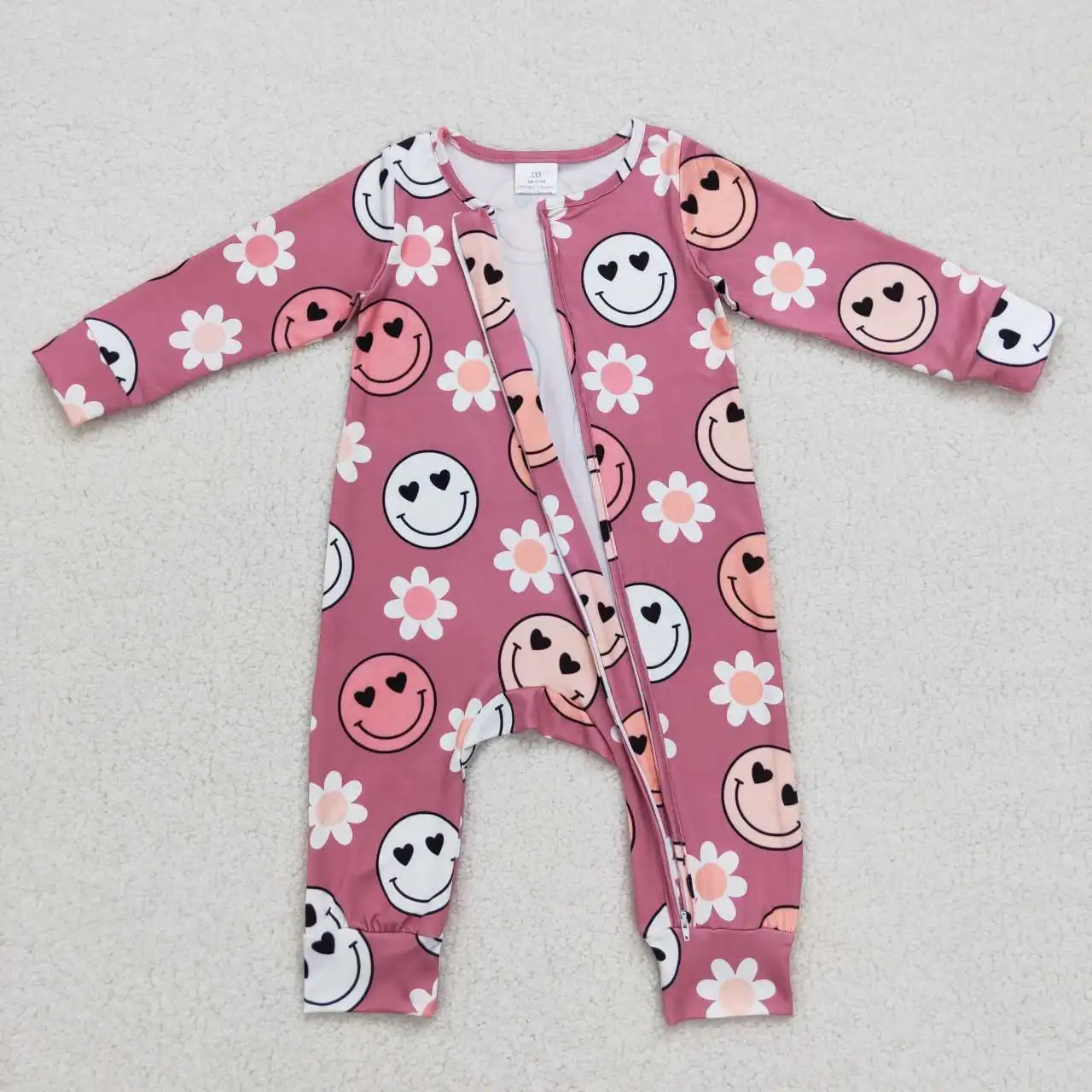 High Quality RTS Baby Onesie Girls Love Smiley Flower Purple Red Zipper Long Sleeve Onesie