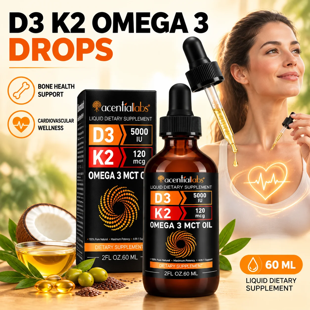 Acentialabs Omega-3 MCT Oil Liquid Drops Protect Bones Improve Bone Density Promote Heart Health Vitamin D3 and Vitamin K2 60 ML