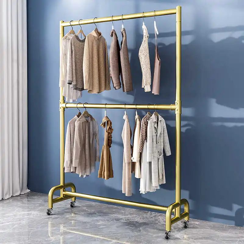 Clothing store multi-layer display rack Floor-to-ceiling double-layer hanger Women's clothing display rack Simple storage