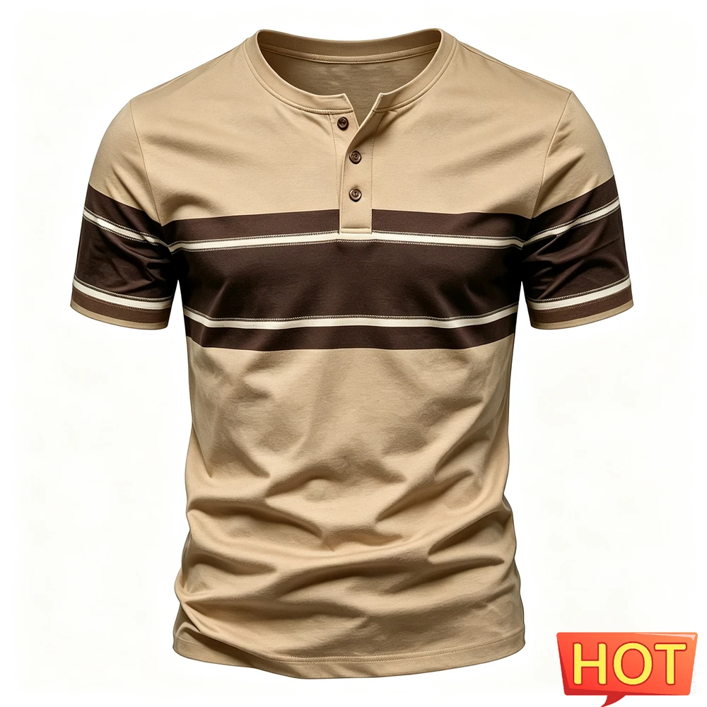 Casual Simple Henry Collar Button T shirt Fashion Stripe Print Men's Henry Shirt Summer Loose Short Sleeve Tops Hip Hop Clothing