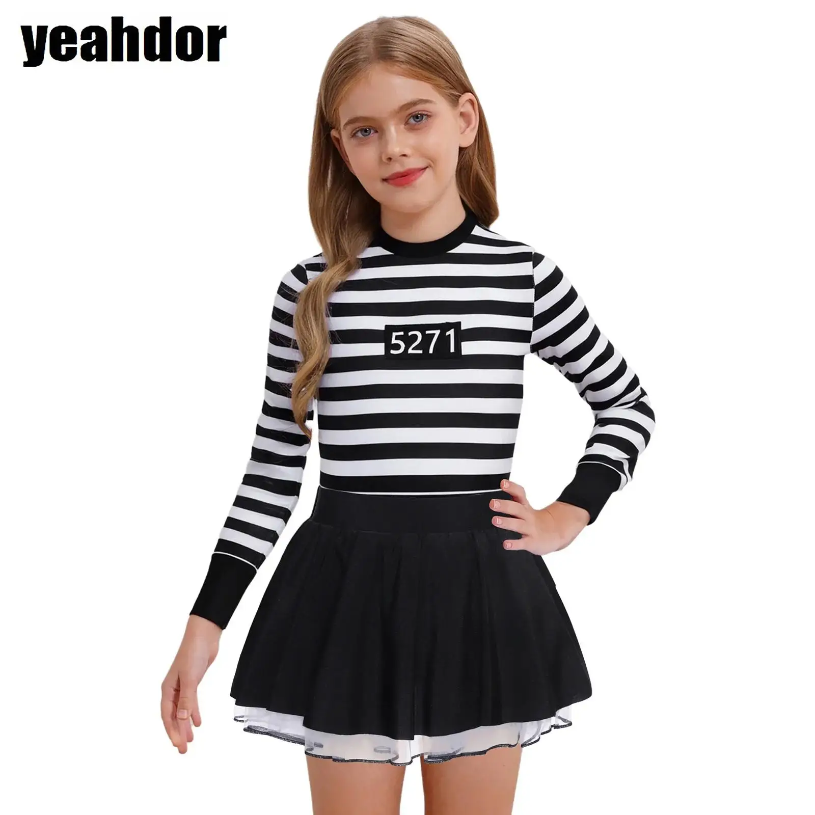 

Girl Prisoner Dress Striped Puffy Costumes Long/Short Sleeve Ruffle Skirt Ballet Tutu Dress Halloween Jailbird Convict Cosplay