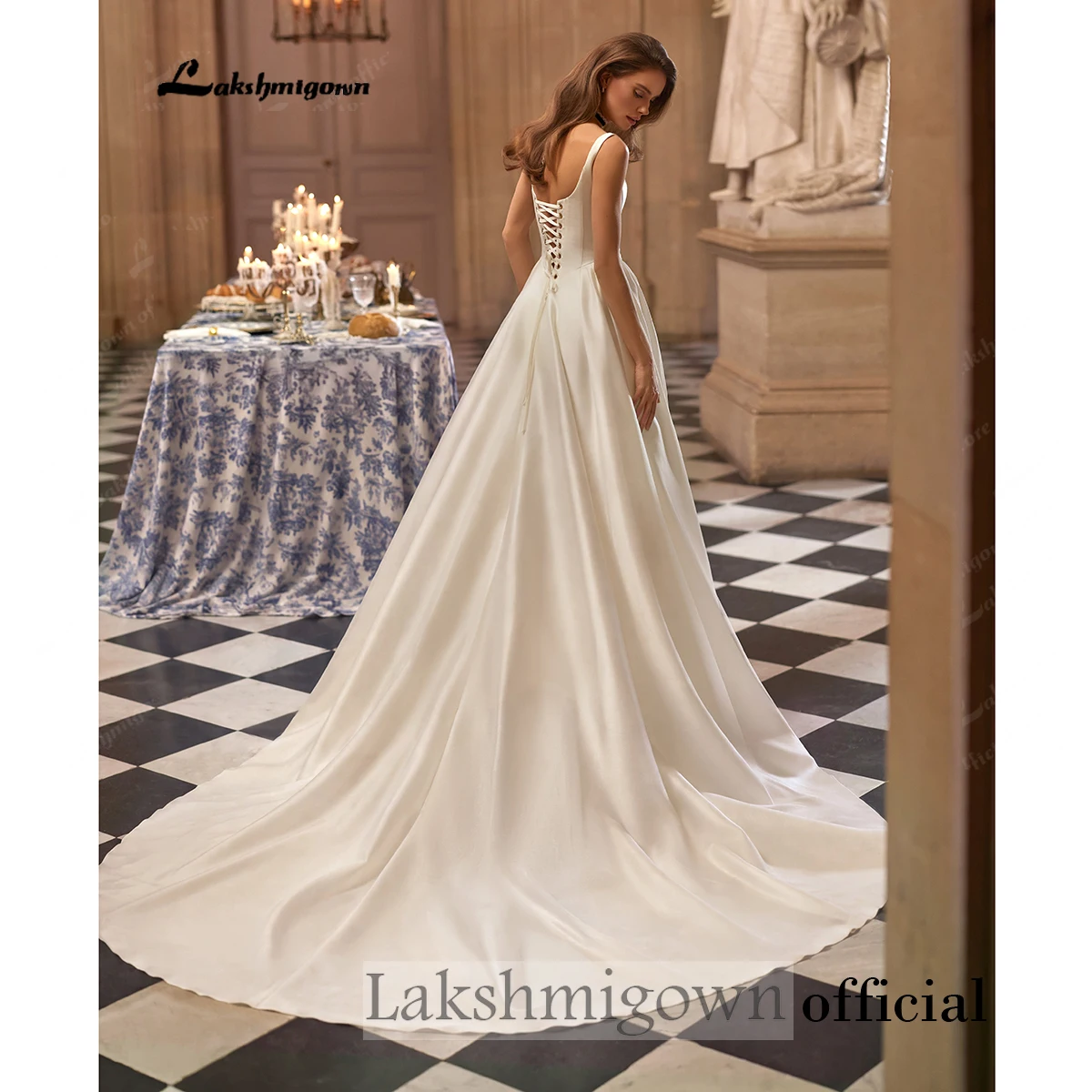 Lakshmigown Brautkleid mit quadratischem Ausschnitt, aus Satin, mit breiten Trägern, A-Linie, mit Schnürung am Rücken, individuell anpassbar. – Detail 7