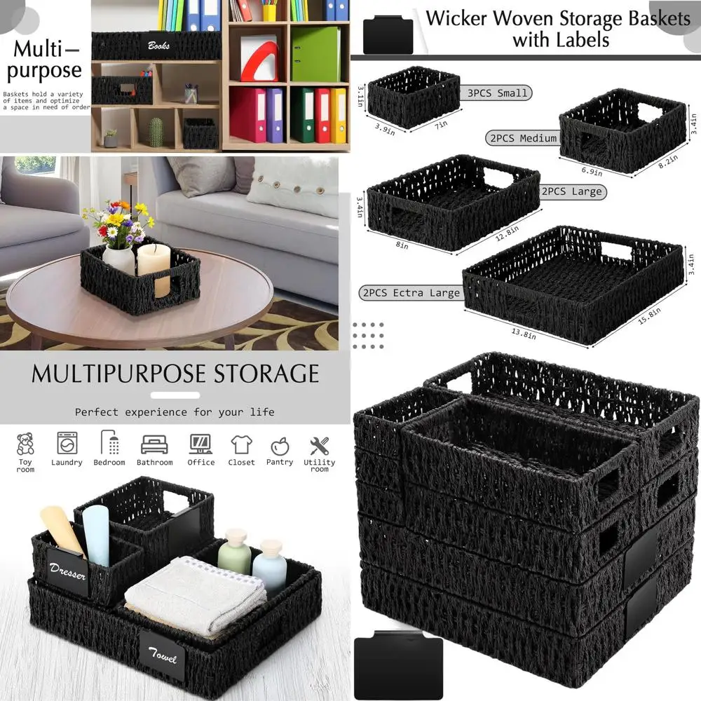 

Multi-Size Black Paper Rope Baskets with Handles for Organizing, Ideal for Shelves, Closets, and Pantries
