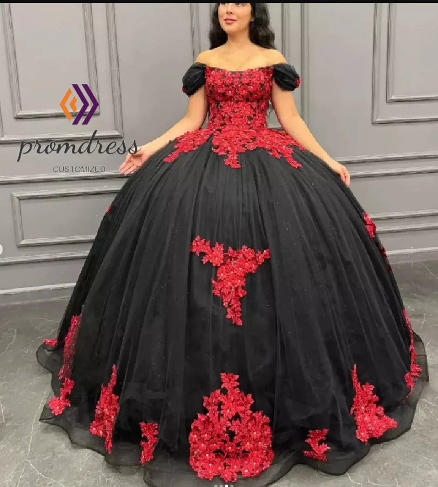 Традиционное мексиканское черно-красное платье Quinceanera с короткими рукавами и цветами в готическом стиле Vestidos De 15 Años на шнуровке Sweet 16, по индивидуальному заказу