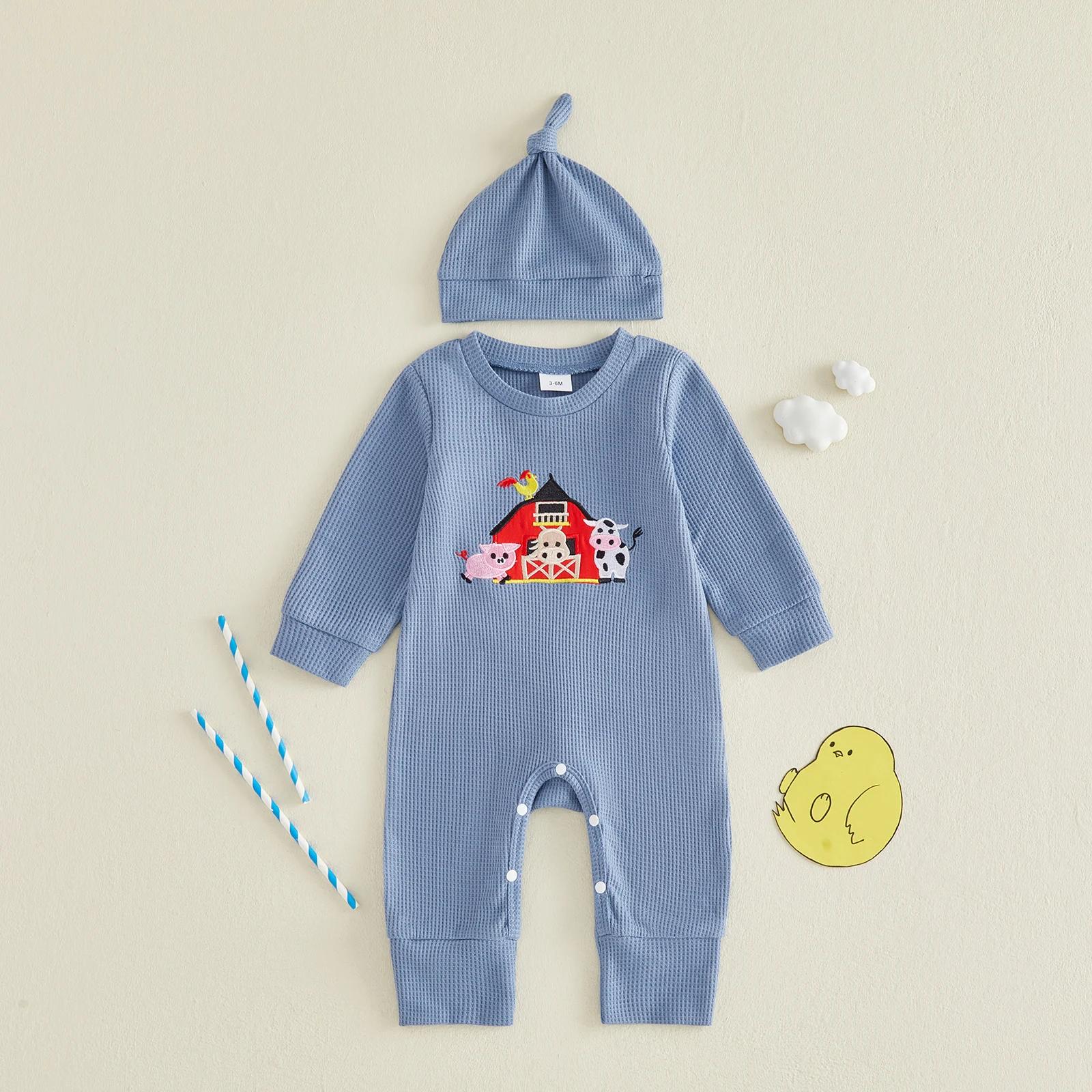 2Pcs Infant Baby Boy Outfit Long Sleeve Crew Neck Farm Animal Embroidery Waffle Knit Romper and Hat Set