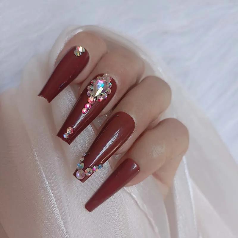 24pcs Luxury jewelry long ballet coffin technique decoration false nails crystal diamond brown