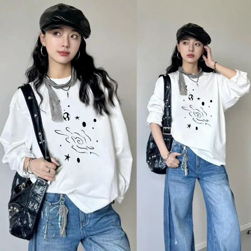 Front Shoulder Long-sleeved T-shirt  Men and Women The Same Black with American Lazy Chic Sweater Inside Autumn Thin Single Top