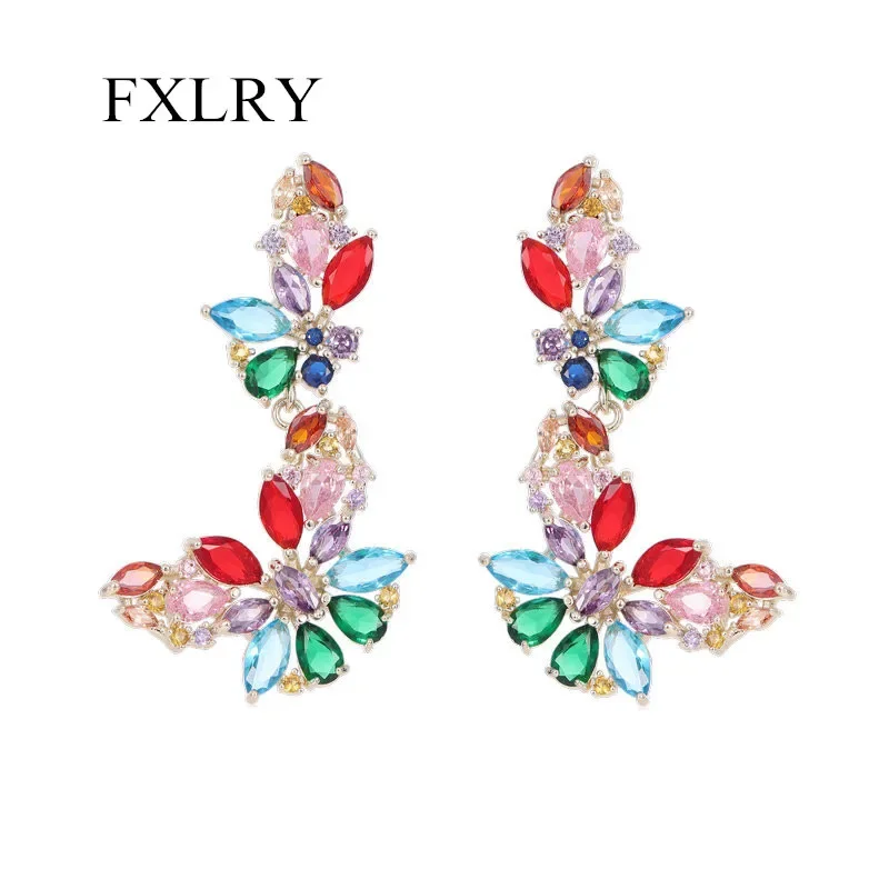 FXLRY Elegant S925 Silver Needle Superflash Color Large Zircon Inlaid Butterfly Earrings For Women Wedding Bridal Jewelry Access