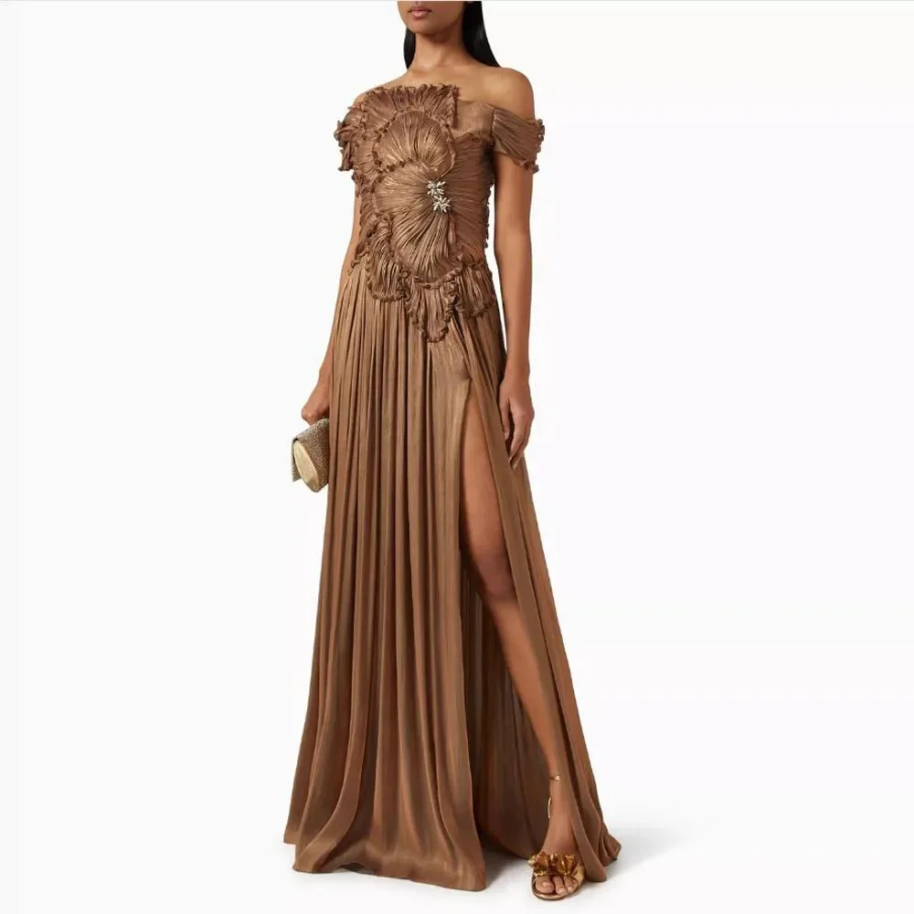 

Customized Metallic Off the Shoulder Prom Dresses A Line Evening Gown with Split Ruched with Crystal Flowy Maxi Dres