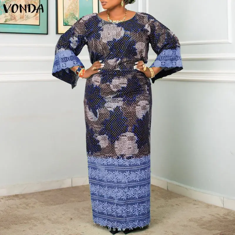 

VONDA Elegant Women Plus Size Dress Summer 3/4 Sleeve Print Dresses Casual Loose Vestidos Long Maxi Dress Party OL Streetwear