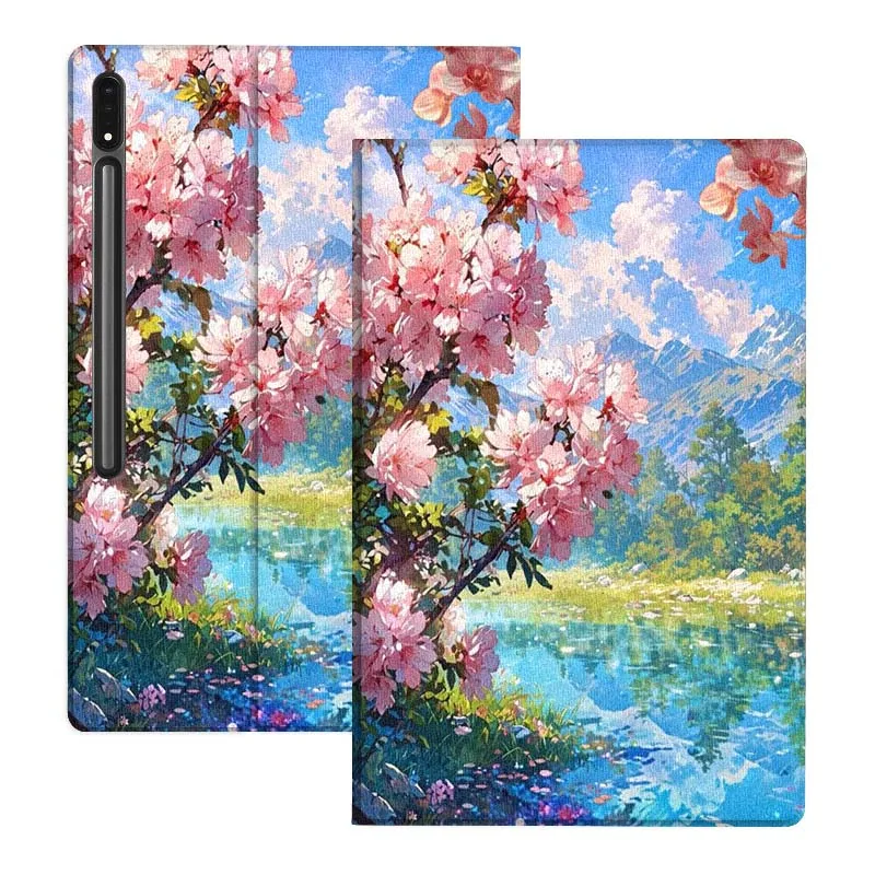 Capa de Tablet Rosa com Vista para o Lago de Flor de Cerejeira para Samsung Galaxy Tab S11 S10 S9 S8 S7 S6 A11 A9 A8 A7 Lite FE Plus