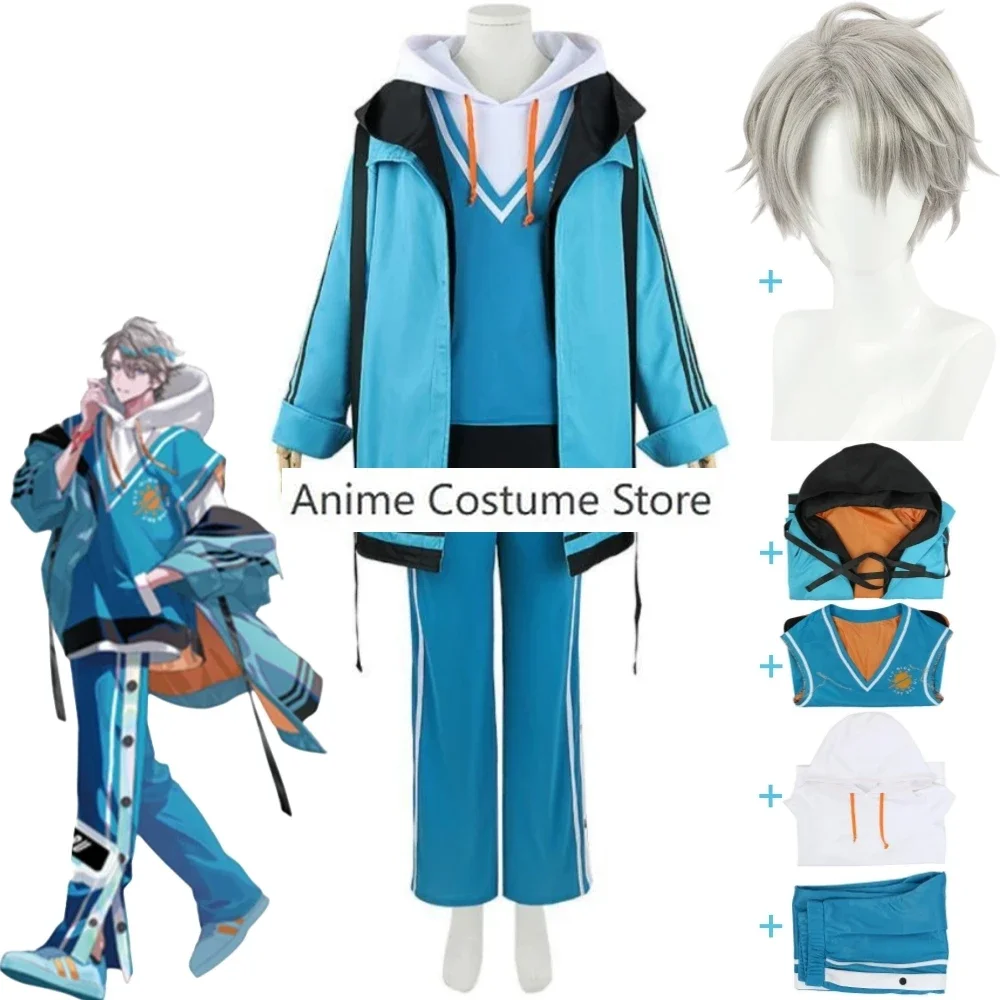 YouTuber VTuber Kaida Haru NIJISANJI VΔLZ Cosplay Costume Wig Anime Blue Athletic Wear Uniform Hoodie Halloween Role Play Suit